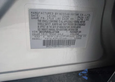 2020 Nissan Kicks S Xtronic Cvt z USA, uszkodzony, nr VIN 3N1CP5BV5LL577339